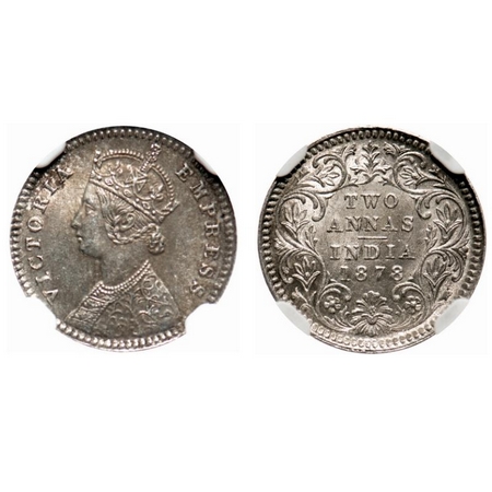 Victoria Empress, Silver, 2 Annas, 1878, Calcutta Mint, B/II, No mint mark. F. Prid # 493.