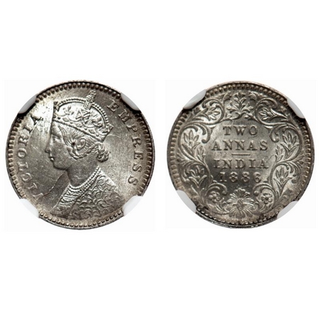 Victoria Empress, Silver, 2 Annas, 1886, Calcutta Mint, B/II, 'C' incused. F. Prid # 540. 