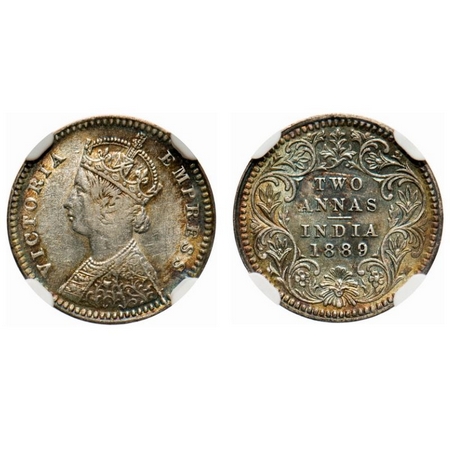 Victoria Empress, Silver, 2 Annas, 1889, Calcutta Mint, B/II, 'C' incused. F. Prid # 504. 