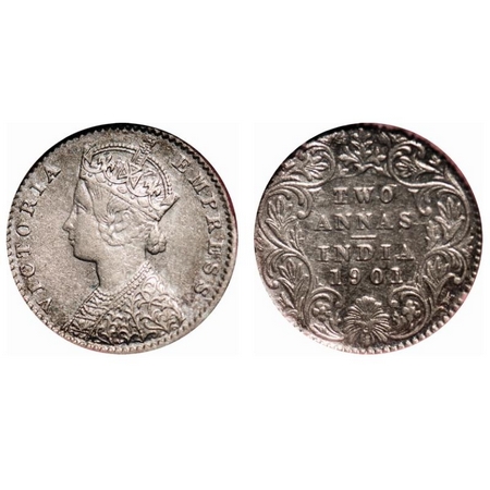 Victoria Empress, Silver, 2 Annas, 1901, Calcutta Mint, B/II, 'C' incused, Ghost on Rev. F