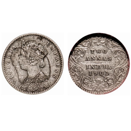 Victoria Empress, Silver, 2 Annas, 1901, Calcutta Mint, B/II, 'C' incused. F. Prid # 515. 