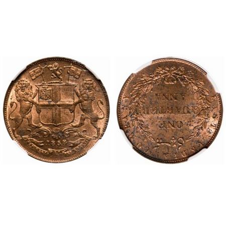 Victoria Queen, Copper, Quarter Anna, 1858, J. Watt & Co. Birmingham Mint, Single leaf typ