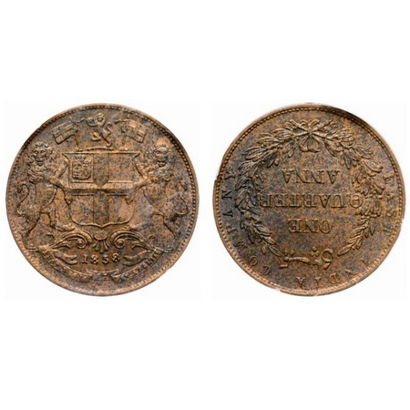 Victoria Queen, Copper, Quarter Anna, 1858, J. Watt & Co., Birmingham Mint, Single leaf, Y
