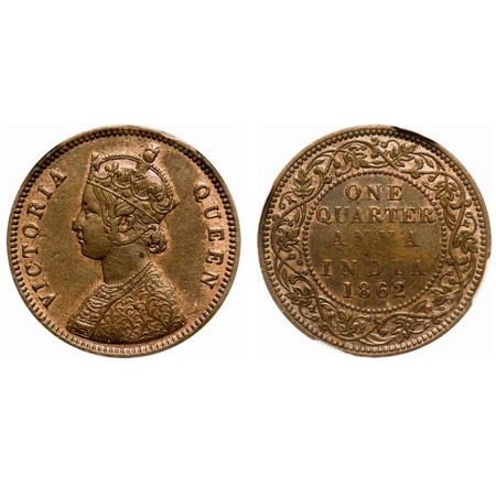 Victoria Queen, Copper, Quarter Anna, 1862, Calcutta Mint, A1/I, Tiny 'V' raised, No mint 
