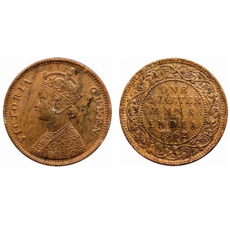 Victoria Queen, Copper, Quarter Anna, 1862, Bombay Mint, A/I, With tiny 'V' incused, No mi