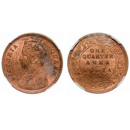 Victoria Queen, Copper, Quarter Anna, 1862, Madras Mint, A/I, No mint mark, No privy mark.