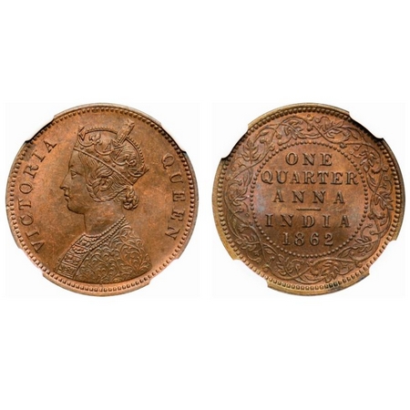 Victoria Queen, Copper, Quarter Anna, 1862, Madras Mint, A/I, No privy mark, No mint mark.