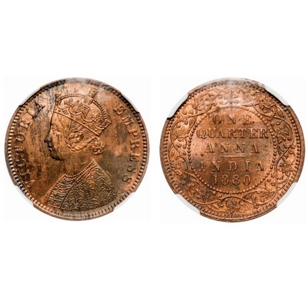 Victoria Empress, Copper, Quarter Anna, 1880, Calcutta Mint, B/II, No mint mark. F. Prid #