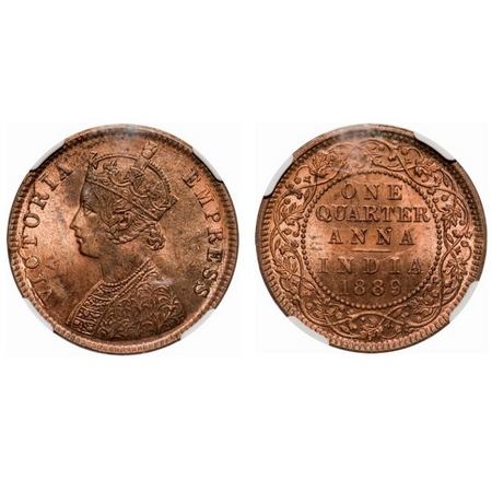 Victoria Empress, Copper, Quarter Anna, 1889, Calcutta Mint, B/II, No mint mark. F. Prid #