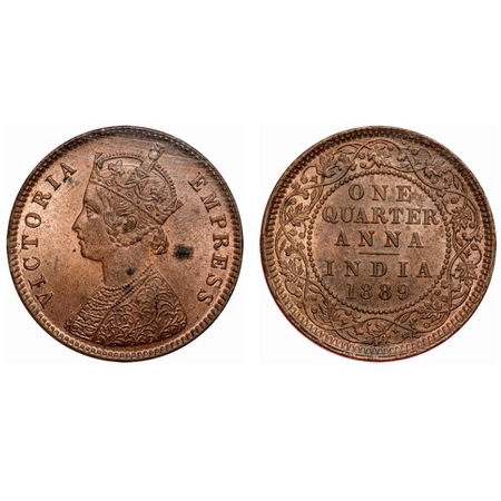 Victoria Empress, Copper, Quarter Anna, 1889, Calcutta Mint, B/II, No mint mark. F. Prid #