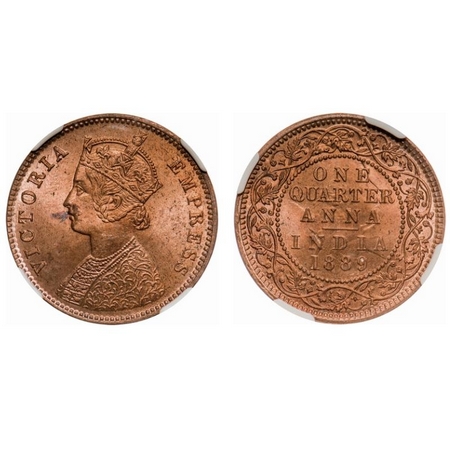 Victoria Empress, Copper, Quarter Anna, 1889, Calcutta Mint, B/II, No mint mark. F. Prid #