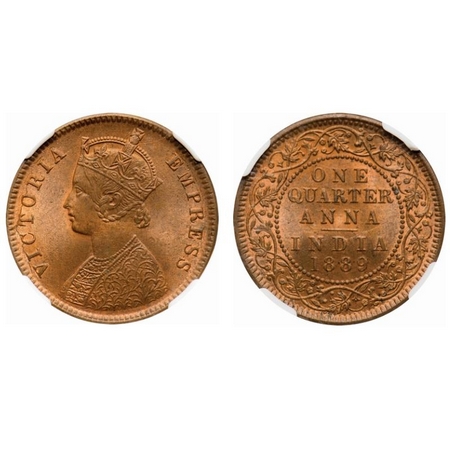 Victoria Empress, Copper, Quarter Anna, 1889, Calcutta Mint, B/II, No mint mark. F. Prid #