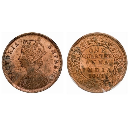 Victoria Empress, Copper, Quarter Anna, 1891, Calcutta Mint, B/II, No mint mark. F. Prid #