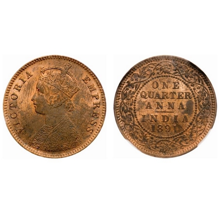 Victoria Empress, Copper, Quarter Anna, 1891, Calcutta Mint, B/II, No mint mark. F. Prid #
