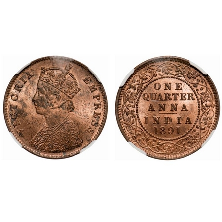 Victoria Empress, Copper, Quarter Anna, 1891, Calcutta Mint, B/II, No mint mark. F. Prid #