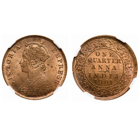 Victoria Empress, Copper, Quarter Anna, 1901, Calcutta Mint, B/II, No mint mark. F. Prid #