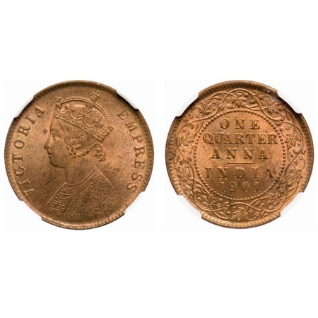 Victoria Empress, Copper, Quarter Anna, 1901, Calcutta Mint, B/II, No mint mark. F. Prid #