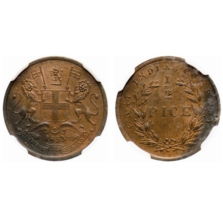 Victoria Queen, Copper, 1/2 Pice, 1853, Calcutta Mint, B/I. F. Prid # 159. GK 235. NGC Sla