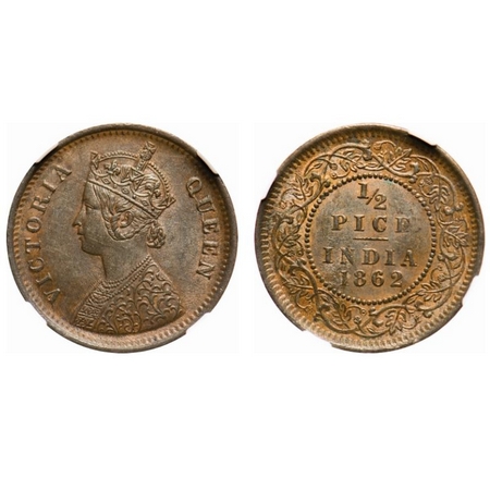 Victoria Queen, Copper, 1/2 Pice, 1862, Calcutta Mint, A/I. F. Prid # Unlisted. GK 401. NG