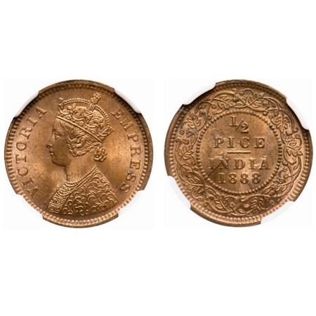 Victoria Empress, Copper, 1/2 Pice, 1888, Calcutta Mint, A/I, No mint mark. F. Prid # 720.