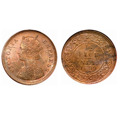 Victoria Empress, Copper, 1/2 Pice, 1889, Calcutta Mint, A/I, No mint mark. F. Prid # 721.