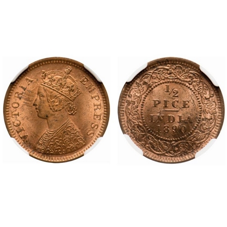 Victoria Empress, Copper, 1/2 Pice, 1890, Calcutta Mint, A/I, No mint mark. F. Prid # 722.