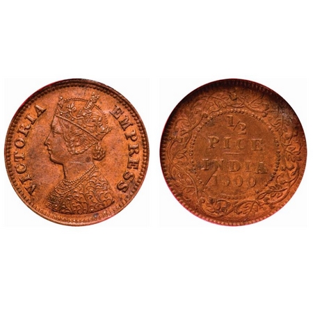 Victoria Empress, Copper, 1/2 Pice, 1900, Calcutta Mint, A/I, No mint mark, Die doubling o