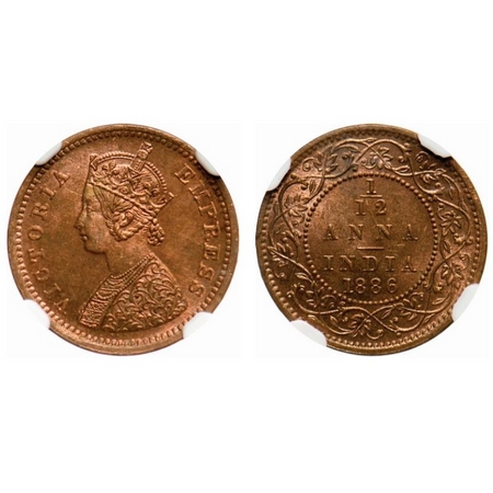 Victoria Empress, Copper, 1/12 Anna, 1886, Bombay Mint, Obv A, No mint mark. F. Prid # 813