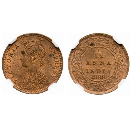 Victoria Empress, Copper, 1/12 Anna, 1888, Calcutta Mint, Obv B, No mint mark. F. Prid # 7