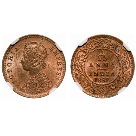 Victoria Empress, Copper, 1/12 Anna, 1892, Calcutta Mint, Obv B, No mint mark. F. Prid # 7