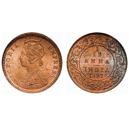 Victoria Empress, Copper, 1/12 Anna, 1897, Calcutta Mint, Obv B, No mint mark. F. Prid # 8