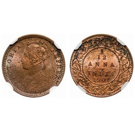 Victoria Empress, Copper, 1/12 Anna, 1901, Calcutta Mint, Obv B, No mint mark. F. Prid # 8