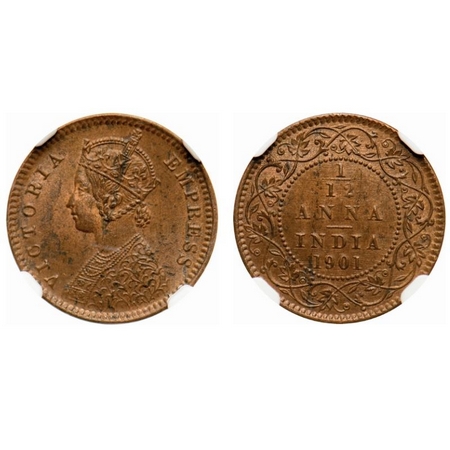 Victoria Empress, Copper, 1/12 Anna, 1901, Calcutta Mint, Obv B, No mint mark. F. Prid # 8