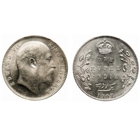 Edward VII, Silver, Rupee, 1907, Bombay Mint, 'B' incused and dot, Die crack on Obv. F. Pr