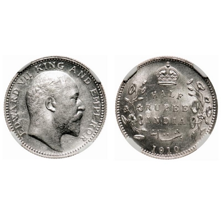 Edward VII, Silver, Half Rupee, 1910, Calcutta Mint, No mint mark. F. Prid # 314. GK 971. 