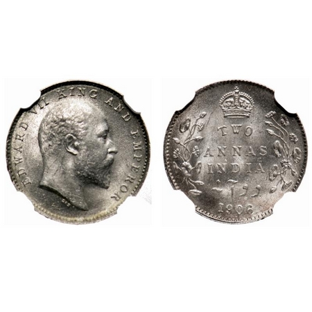 Edward VII, Silver, 2 Annas, 1906, Calcutta Mint, No mint mark. F. Prid # 559. GK 983. NGC