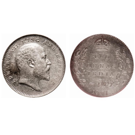 Edward VII, Silver, 2 Annas, 1907, Calcutta Mint, No mint mark. F. Prid # 560. GK 984. NGS