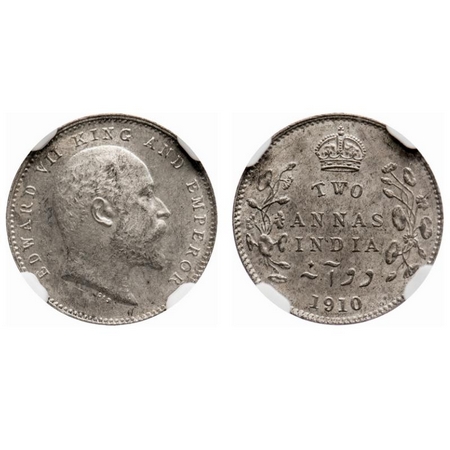 Edward VII, Silver, 2 Annas, 1910, Calcutta Mint, No mint mark. F. Prid # 563. GK 987. NGC