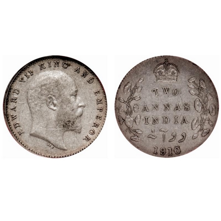 Edward VII, Silver, 2 Annas, 1910, Calcutta Mint, No mint mark. F. Prid # 563. GK 987. NGS