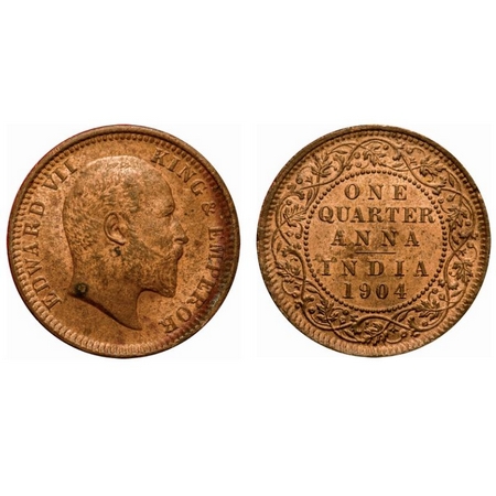 Edward VII, Copper, Quarter Anna, 1904, Calcutta Mint, No mint mark. F. Prid # 647. GK 995