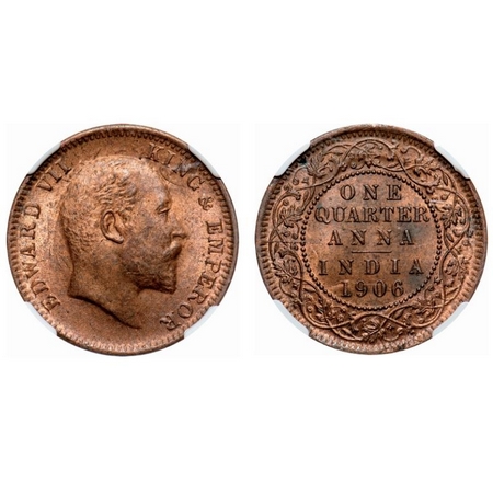 Edward VII, Copper, Quarter Anna, 1906, Calcutta Mint, no mint mark. F. Prid # 650. GK 997