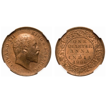 Edward VII, Copper, Quarter Anna, 1906, Calcutta Mint, no mint mark. F. Prid # 650. GK 997