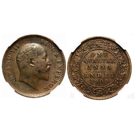 Edward VII, Bronze, Quarter Anna, 1909, Calcutta Mint, No mint mark. F. Prid # 654. GK 100