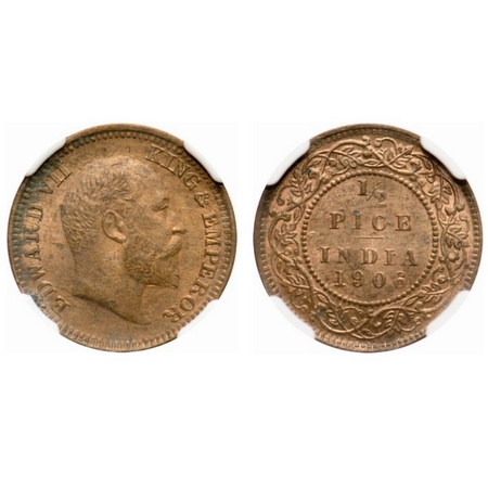 Edward VII, Bronze, 1/2 Pice, 1906, Calcutta Mint, No mint mark. F. Prid # 740. GK 1007. N