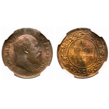 Edward VII, Bronze, 1/2 Pice, 1910, Calcutta Mint, No mint mark. F. Prid # 744. GK 1011. N