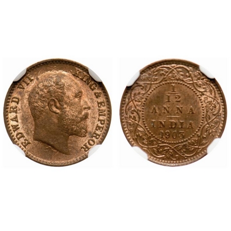 Edward VII, Copper, 1/12 Anna, 1903, Calcutta Mint, No mint mark. F. Prid # 818. GK 1012. 