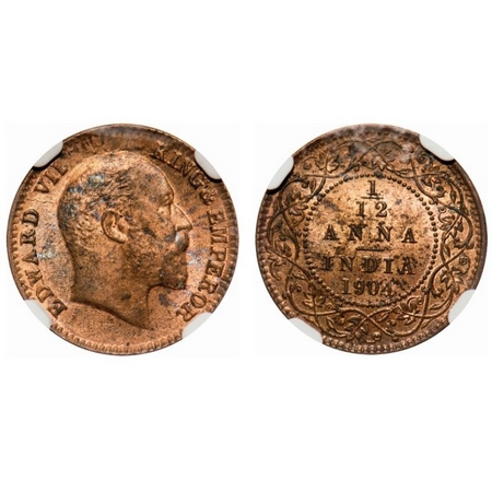 Edward VII, Copper, 1/12 Anna, 1904, Calcutta Mint, No mint mark. F. Prid # 819. GK 1013. 
