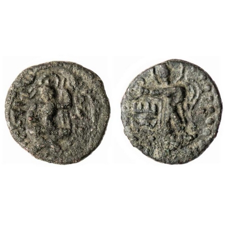 Kushanas, Huvishka (c. 151-190 AD), Copper Drachma, 5.15g, Obv: King seated on mountain wi