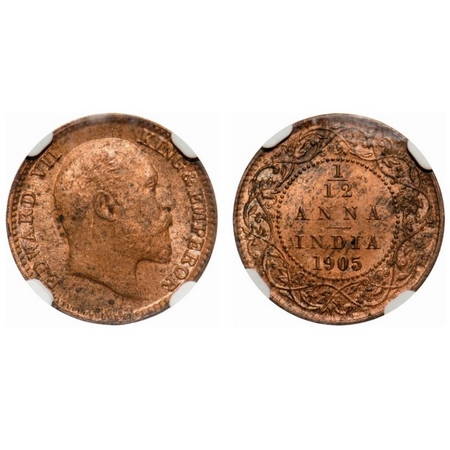 Edward VII, Copper, 1/12 Anna, 1905, Calcutta Mint, No mint mark. F. Prid # 820. GK 1014. 