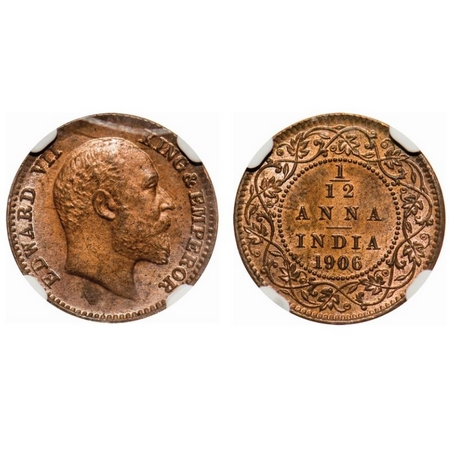 Edward VII, Copper, 1/12 Anna, 1906, Calcutta Mint, No mint mark. F. Prid # 821. GK 1015. 